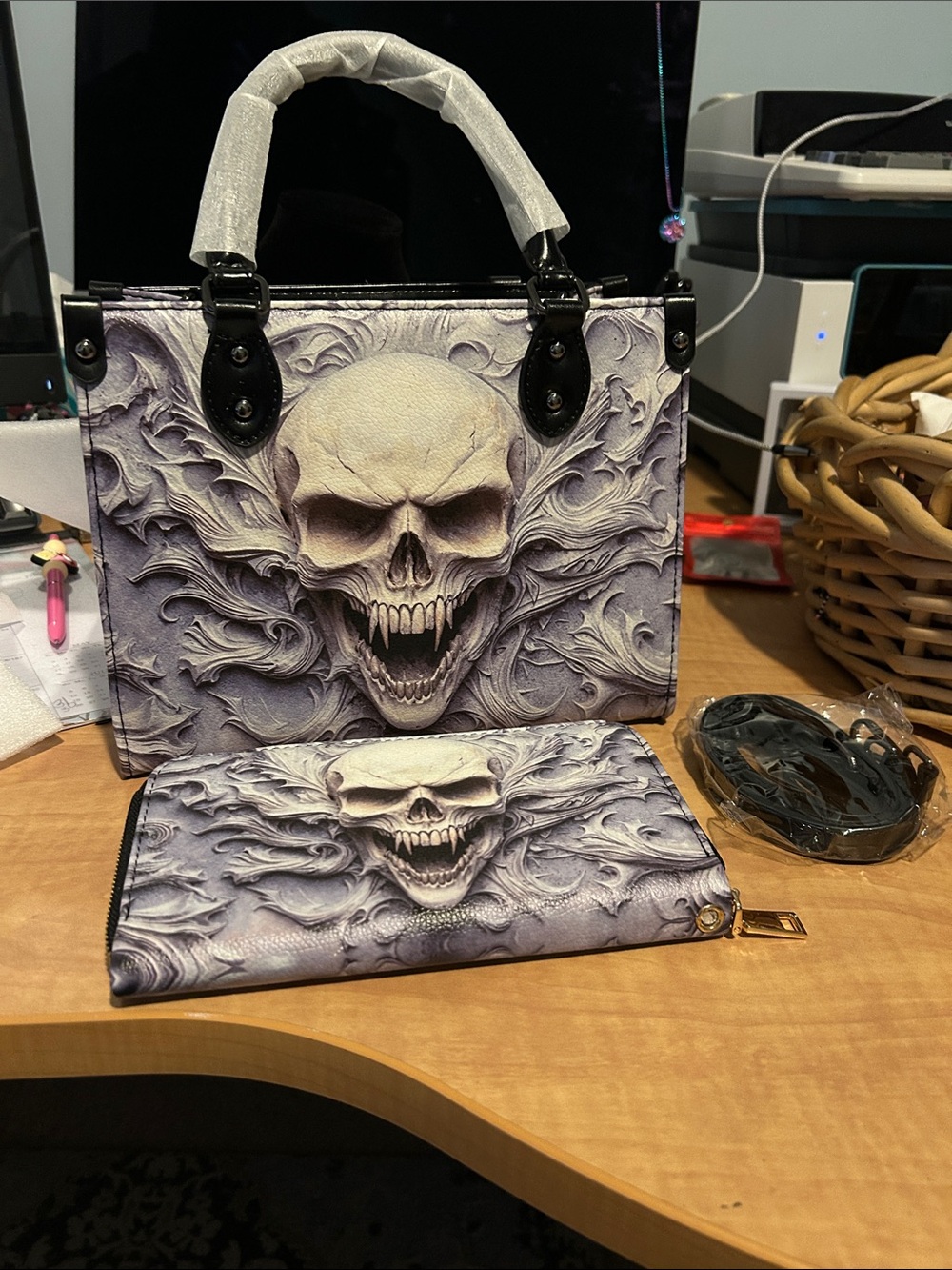 Skull Embossed Crossbody Bag and Wallet Set - White/Grey With matching wallet